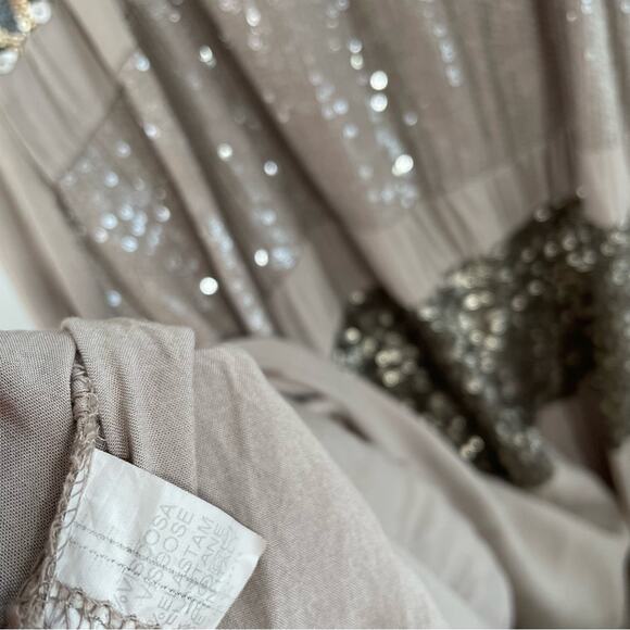 NWT Sarah Tempest Tan Sequin & Ruffle High Low Midi Dress Medium Lagenlook - Picture 7 of 14